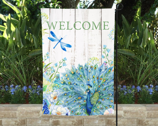 Peacock And Dragonfly Welcome Garden Flag, Porch Decor, Garden Flag, Spring Garden Flag, Summer Garden Flag, Yard Decor