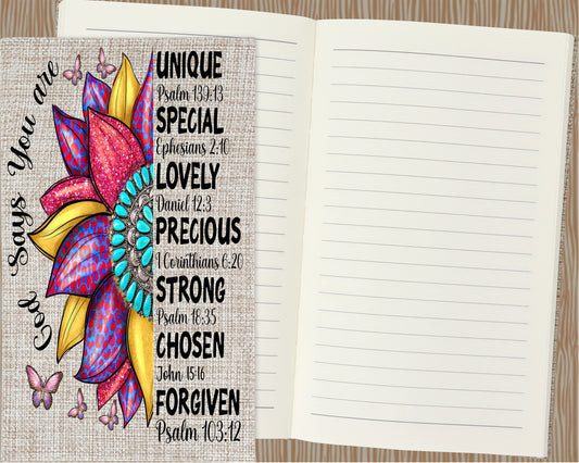 God Says You Are Unique Burlap Journal