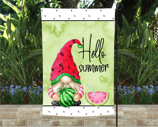 Hello Summer Gnome Watermelon Garden Flag