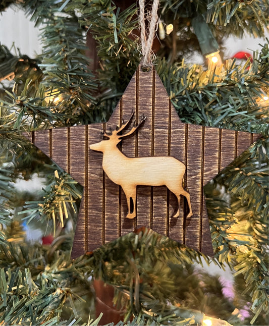 Shiplap Star & Deer Christmas Ornament