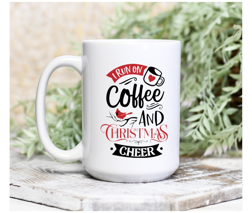 I Run On Coffee And Christmas Cheer Bird 15oz Ceramic Mug